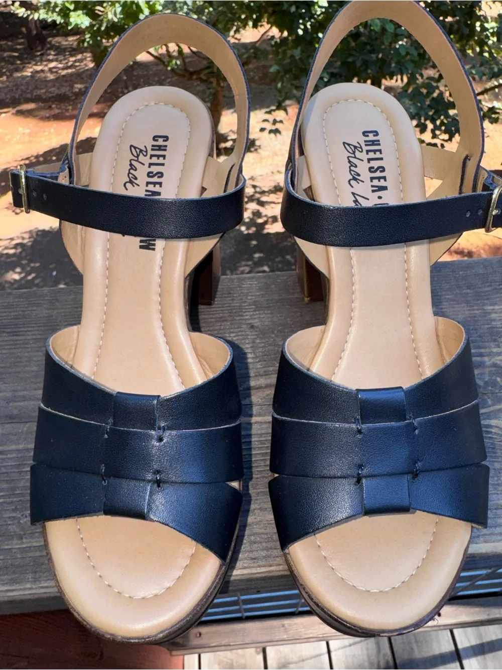Chelsea Crew Black Leather Platform Sandals with Block Heel